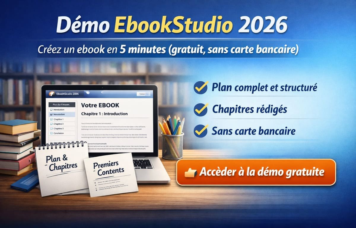 Démo EbookStudio 2026 pour créer un ebook sans carte bancaire