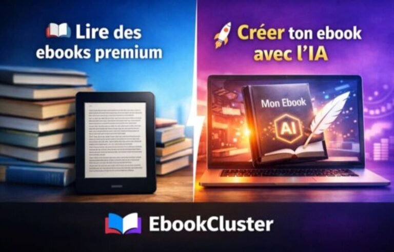EbookStudio interface — création ebook automatique, boutique et statistiques de ventes EbookCluster"