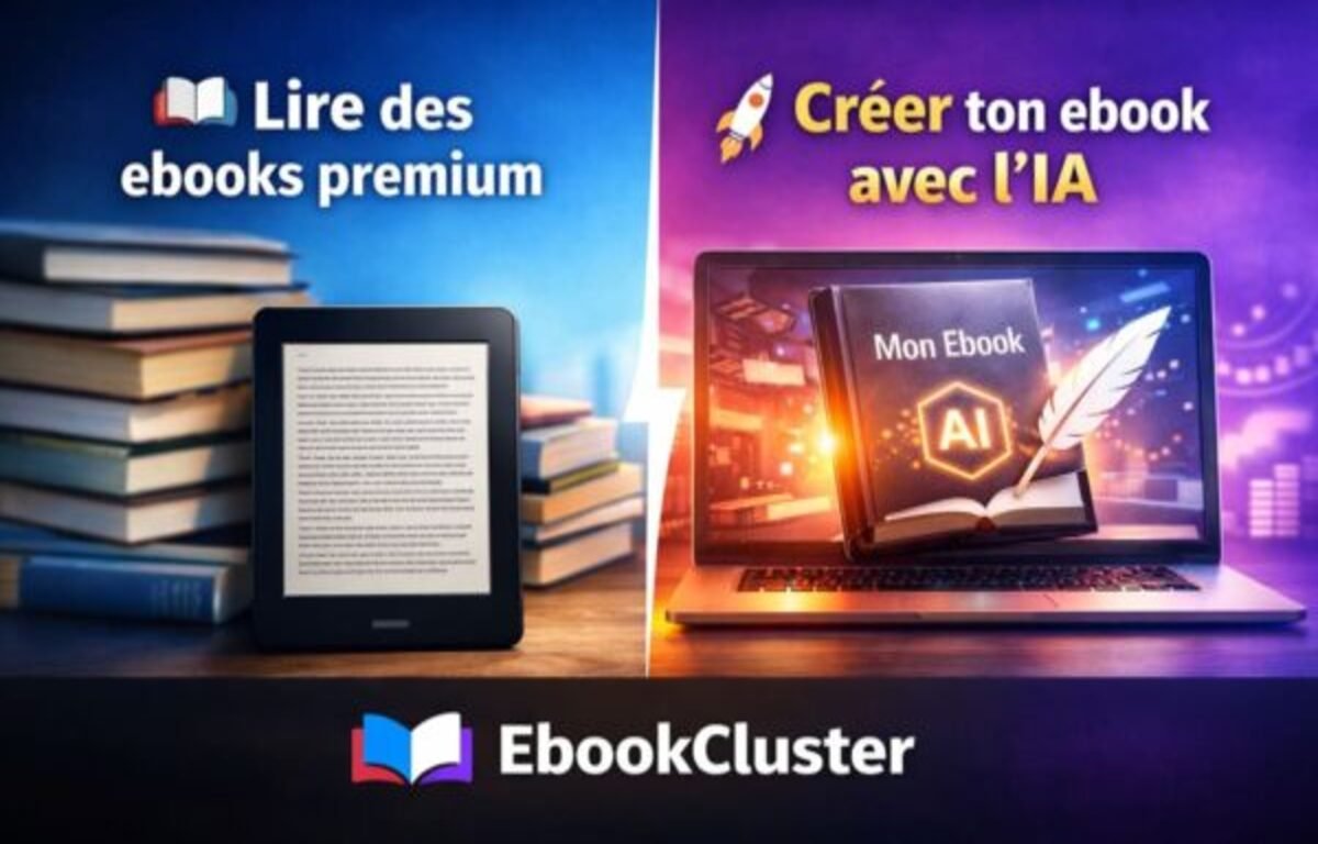 EbookStudio interface — création ebook automatique, boutique et statistiques de ventes EbookCluster"